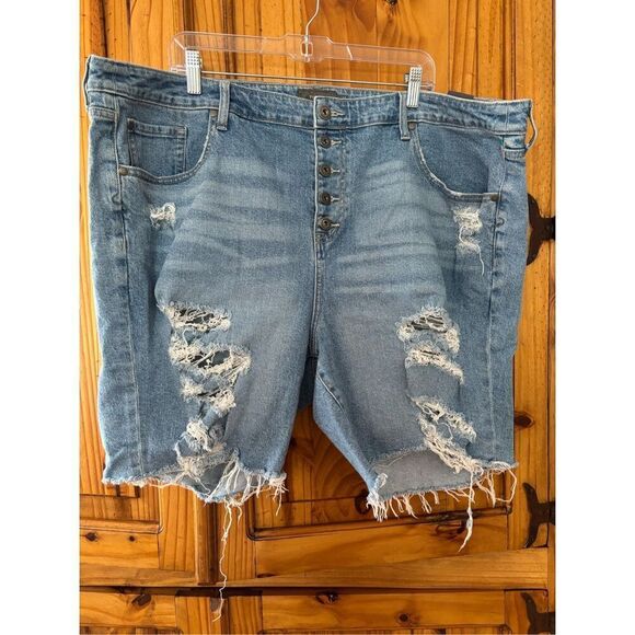 torrid Pants - Torrid Button Fly Distressed Denim Shorts